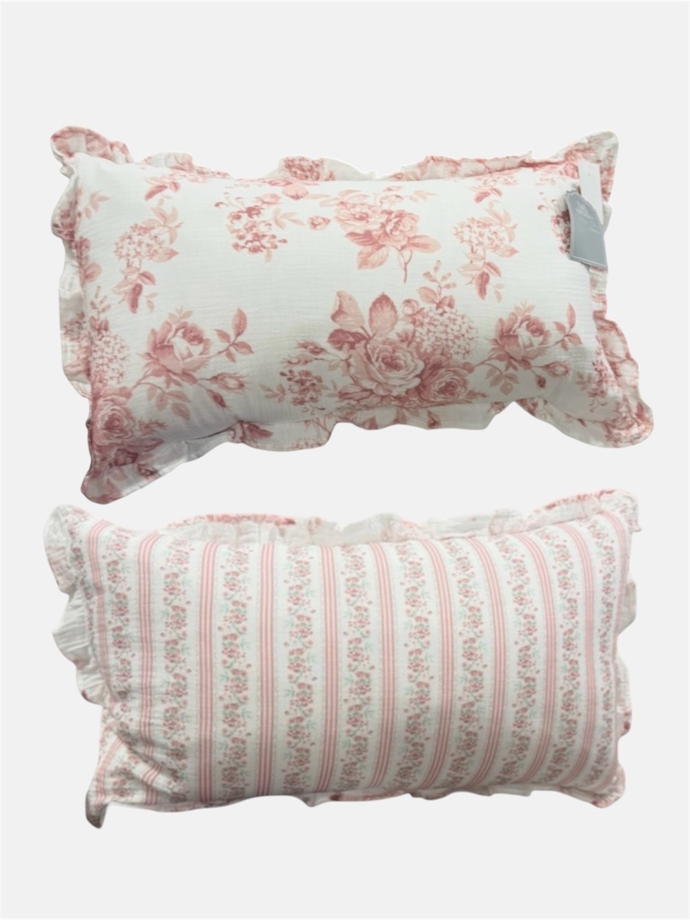 Cottage Chic Pink Floral Cotton Ruffled Pillow Floral Pinstripe on Reverse